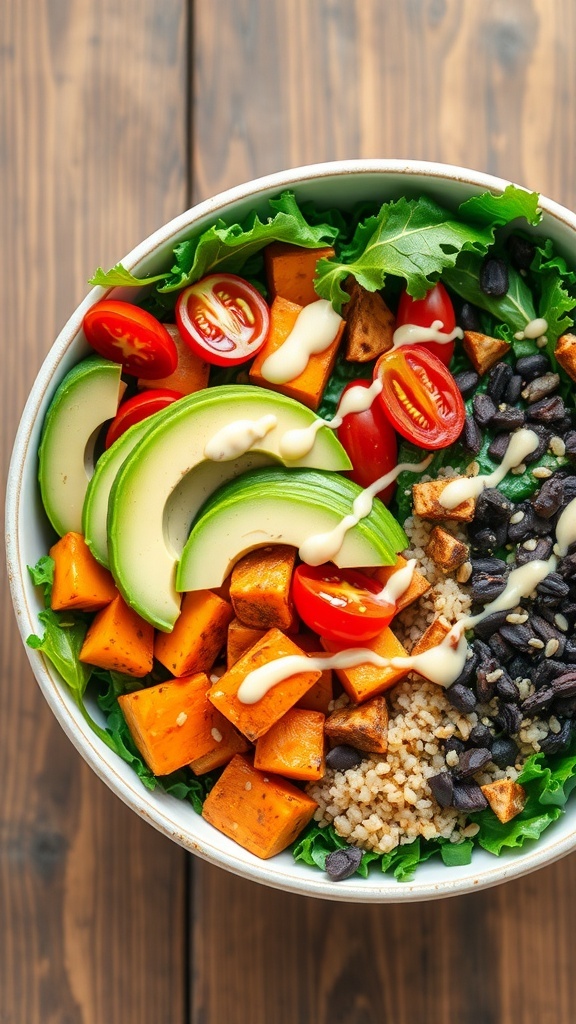 A nutritious Kale Dragon Bowl with kale, quinoa, sweet potatoes, tomatoes, and avocado, garnished with sesame seeds.